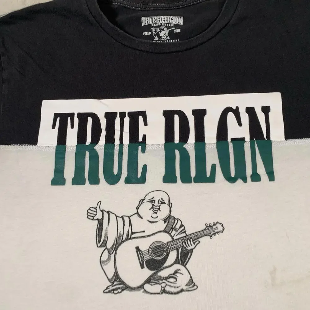 True Religion Shirt Mens XL Black Green‎ Colorblock Short Sleeve Buddha Logo